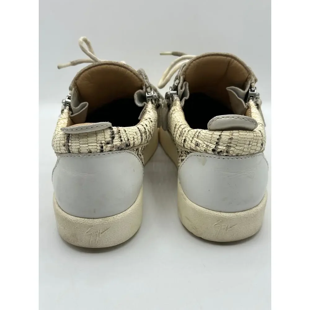 GIUSEPPE ZANOTTI Frankie Sneakers Lizard Emboss Leather White Beige Sz 38/US 7.5